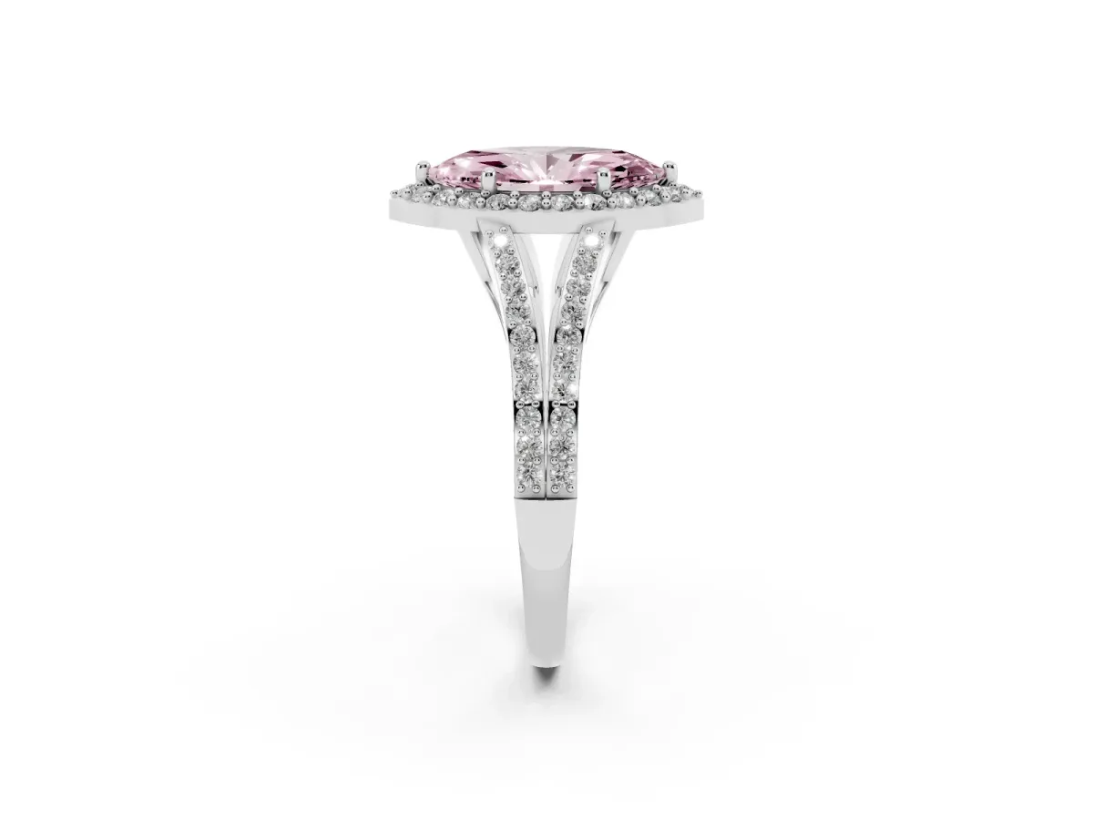 Fancy Pink Marquise Cut Halo Split Shank Pave Diamond Ring with Four-Prong Setting Platinum