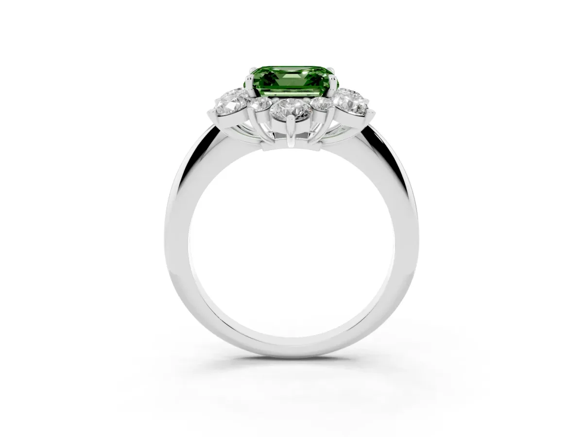 Fancy Green Asscher Cut Diamond Cluster Halo Ring with Solitaire Band and Four-Prong Setting White gold