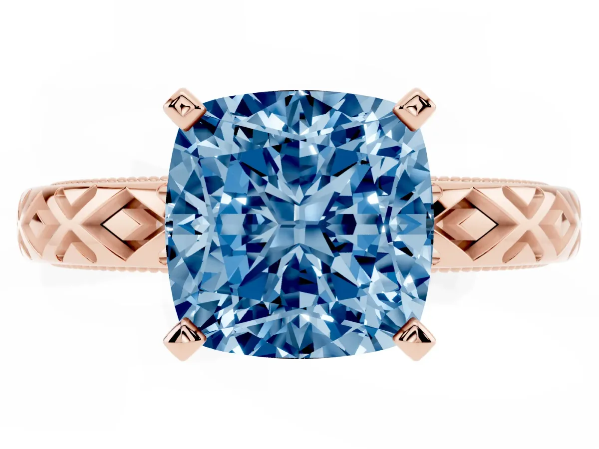 Fancy Blue Cushion Cut Solitaire Diamond Ring with Milgrain and Black Enamel X Pattern Band Rose gold
