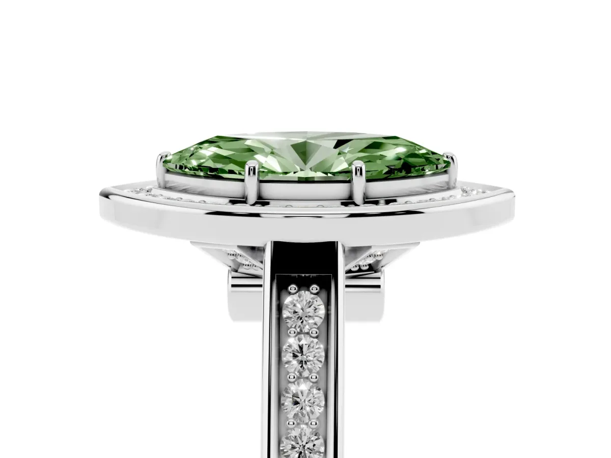 Fancy Green Marquise Cut Halo Solitaire Diamond Ring with Pave Band and Bezel Setting Silver