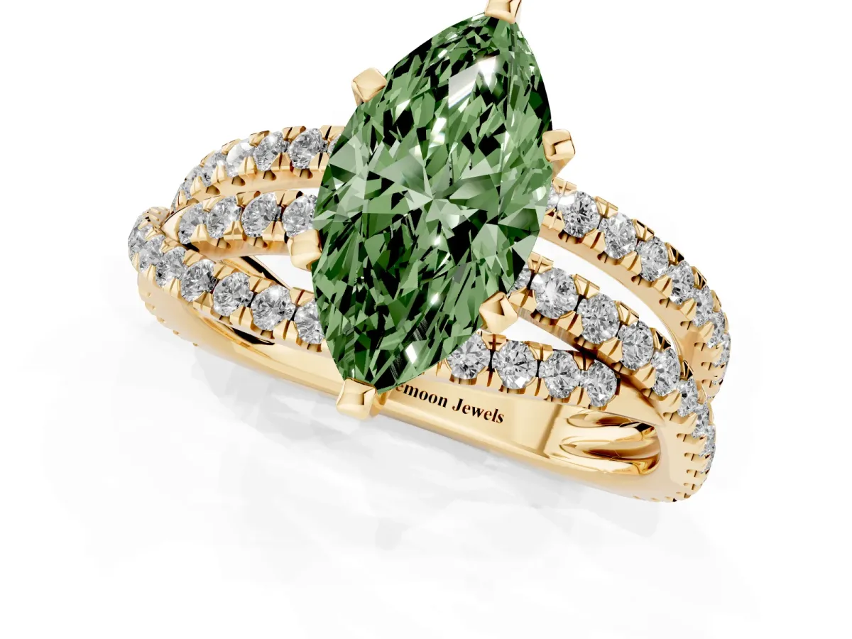 Fancy Green Marquise Cut Solitaire Twist Band with Pavé Setting and Four-Prong Setting Yellow gold