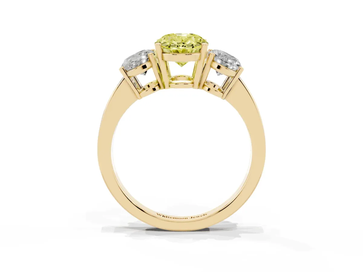 Fancy Yellow Three-Stone Oval Cut Cut Diamond Engagement Ring with Flat Band and Four-Prong Setting Yellow gold