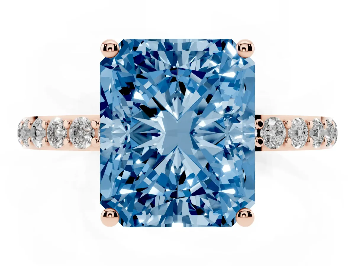 Fancy Blue Radiant Cut Diamond Solitaire Ring with Round Pavé Shoulders and Prong Setting Rose gold