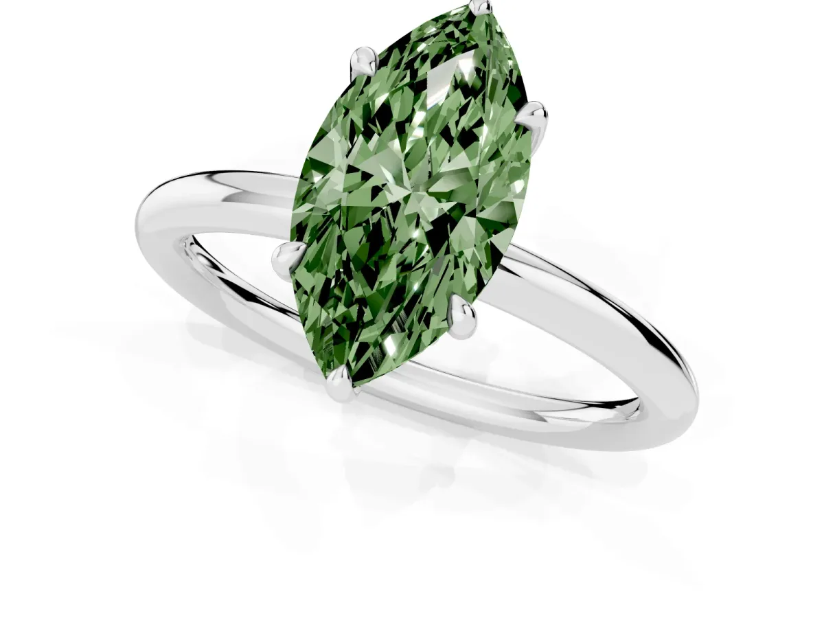 Fancy Green Marquise Cut Diamond Solitaire Ring with Thin Band and Four-Prong Setting Platinum