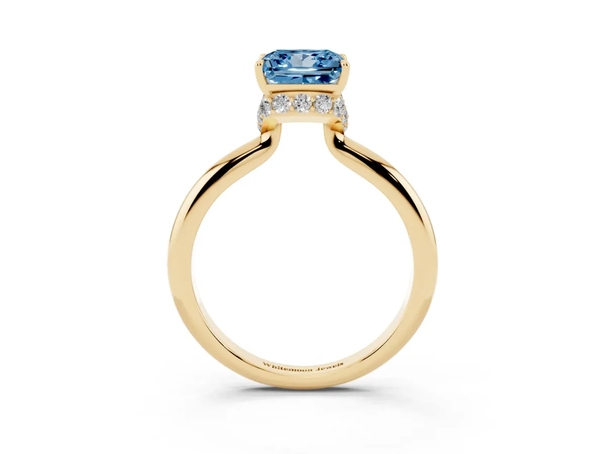 Fancy Blue Princess Cut Brilliant Solitaire Engagement Ring with Six-Prong Setting and Classic Band Yellow gold