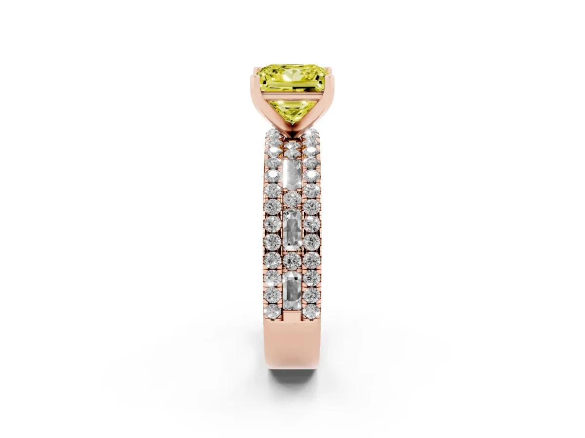 Fancy Yellow Princess Cut Diamond Solitaire Ring with Pavé and Channel Set Band Rose gold