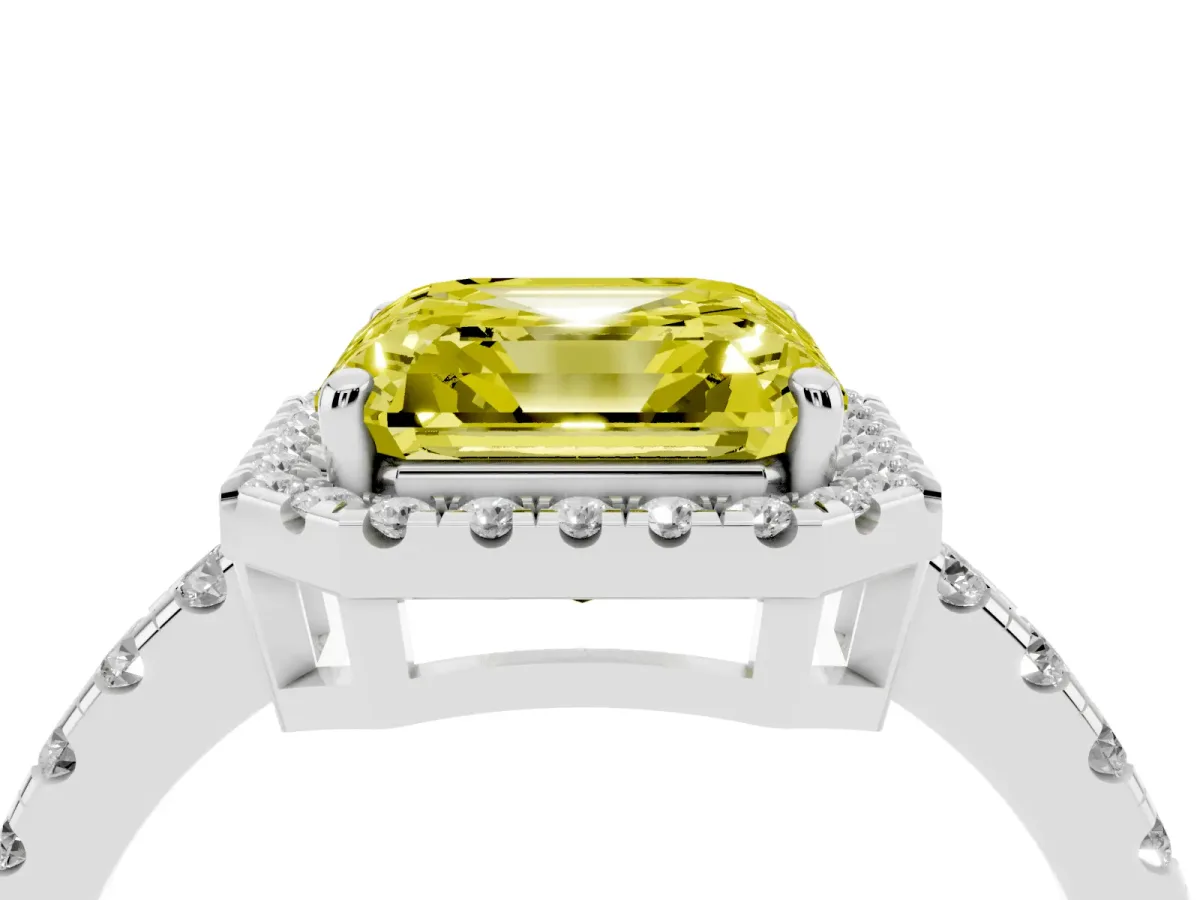Fancy Yellow Asscher Cut Diamond Halo Ring with Pavé Band and Four-Prong Setting Platinum