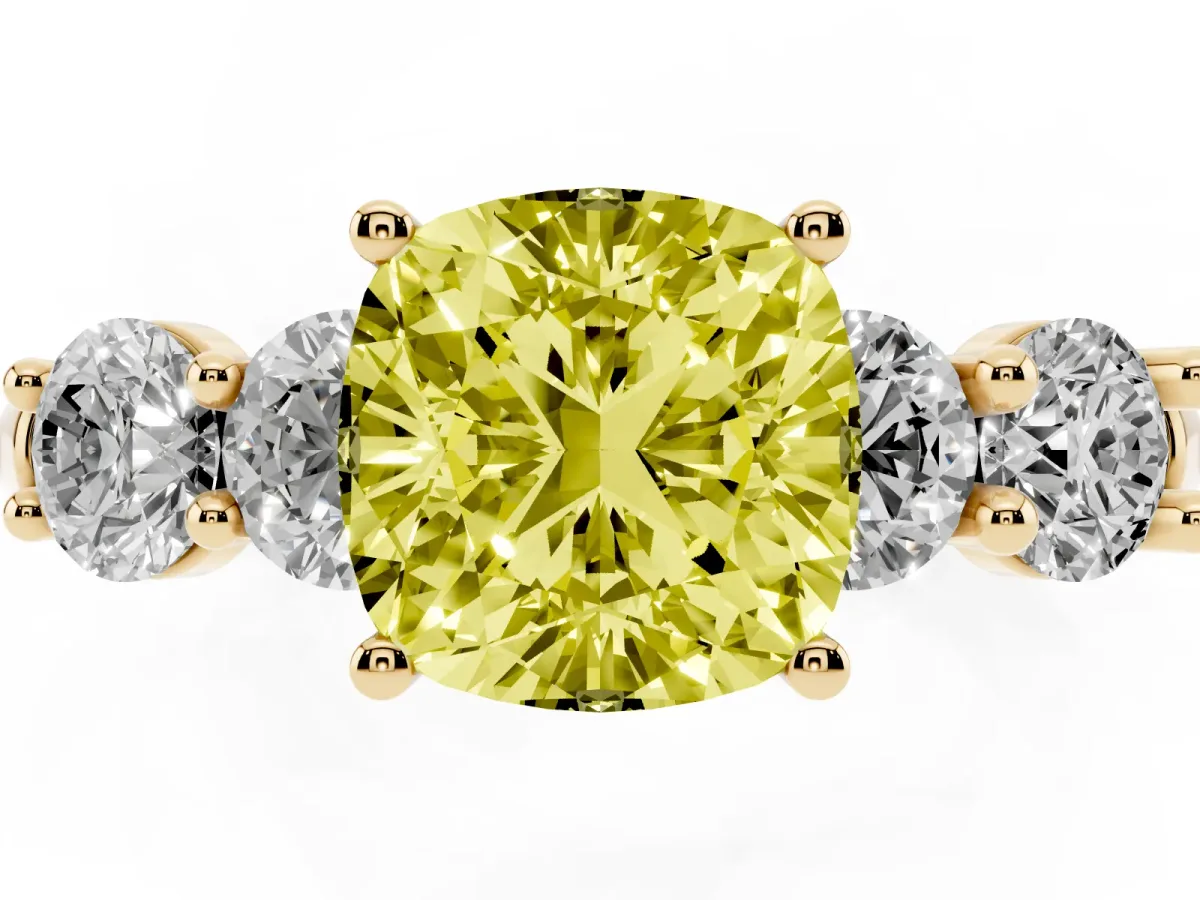 Fancy Yellow Cushion Cut Cut Five-Stone Prong Set Diamond Ring with Classic Band Yellow gold