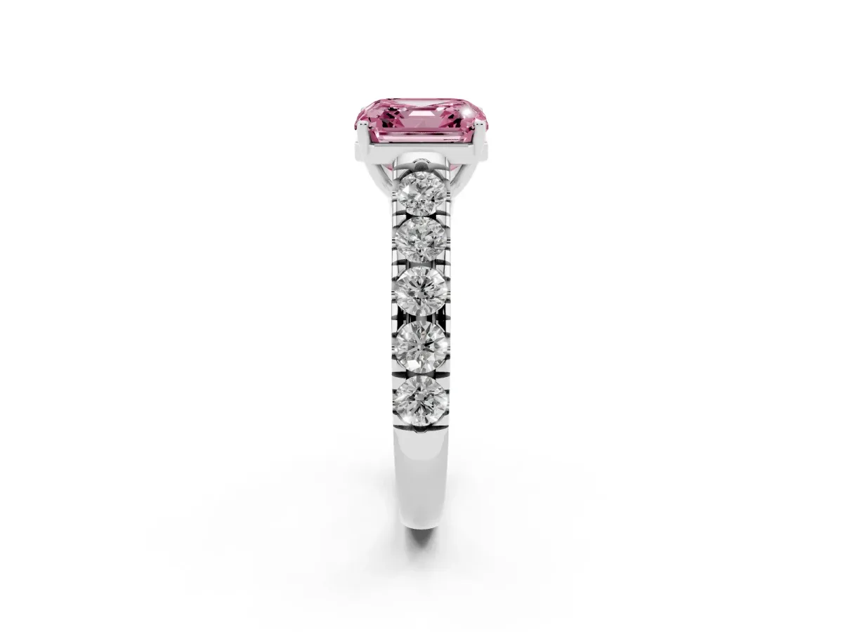 Fancy Pink Asscher Cut Cut Diamond Solitaire Ring with Micro Pave Band and Prong Setting Silver