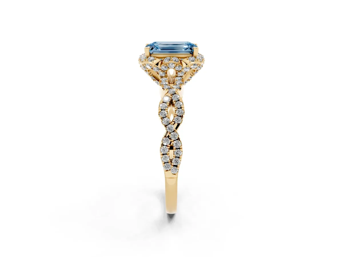 Fancy Blue Emerald Cut Halo Twist Band Solitaire Ring with Six-Prong Setting Yellow gold
