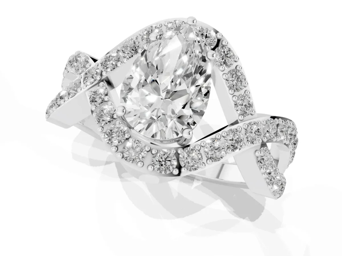 Pear Cut Solitaire Twist Band Pavé Diamond Engagement Ring Platinum