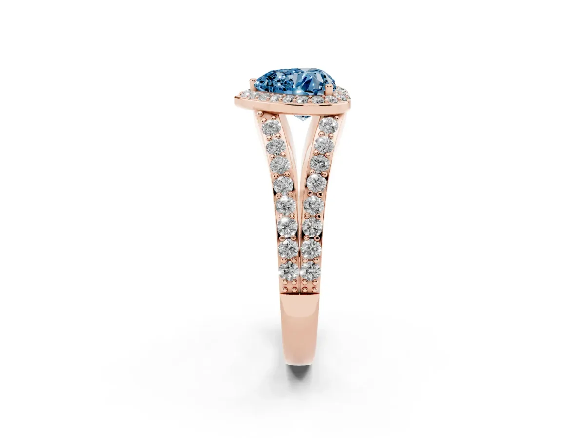 Fancy Blue Heart Cut Diamond Split Shank Halo Ring with Four-Prong Setting Rose gold