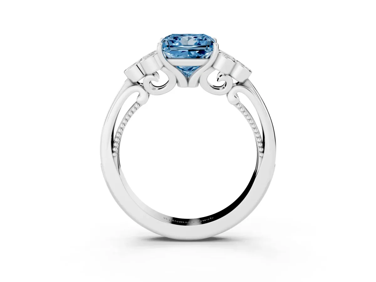 Fancy Blue Princess Cut Cut Diamond Engagement Ring with Bezel Set Round Side Stones and Prong Setting White gold