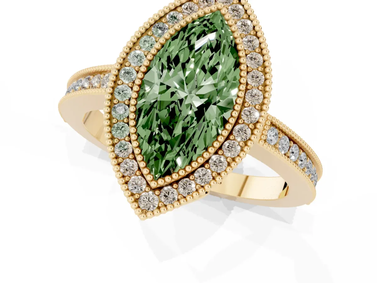Fancy Green Marquise Cut Cut Halo Diamond Ring with Pavé Band and Milgrain Prong Setting Yellow gold