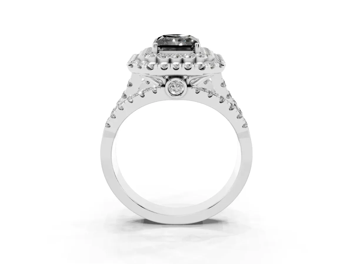 Fancy Black Radiant Cut Diamond Double Halo Ring with Round Pavé Split Shank and Prong Setting Silver