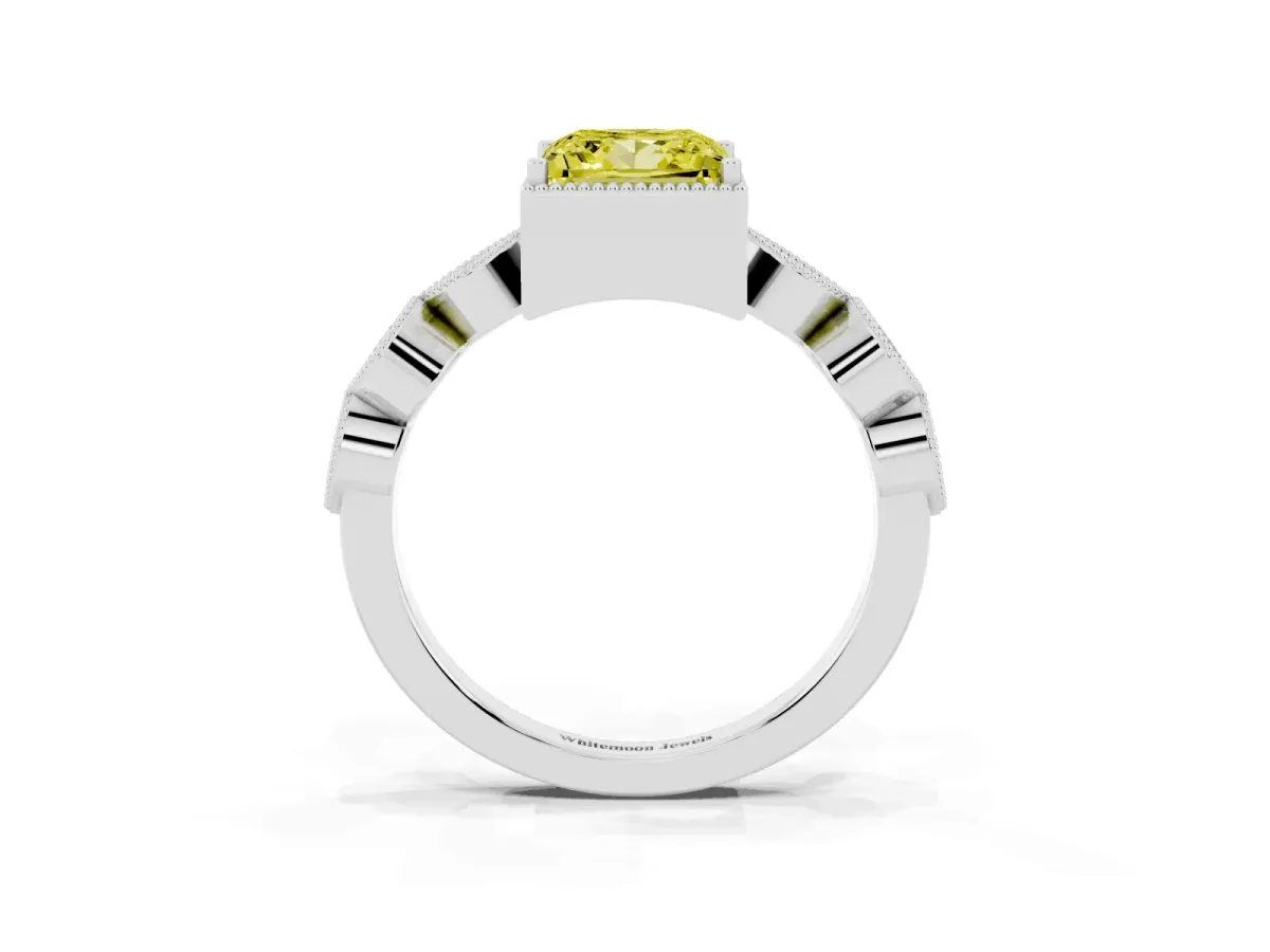 Fancy Yellow Princess Cut Diamond Vintage Milgrain Ring with Round Stations Silver