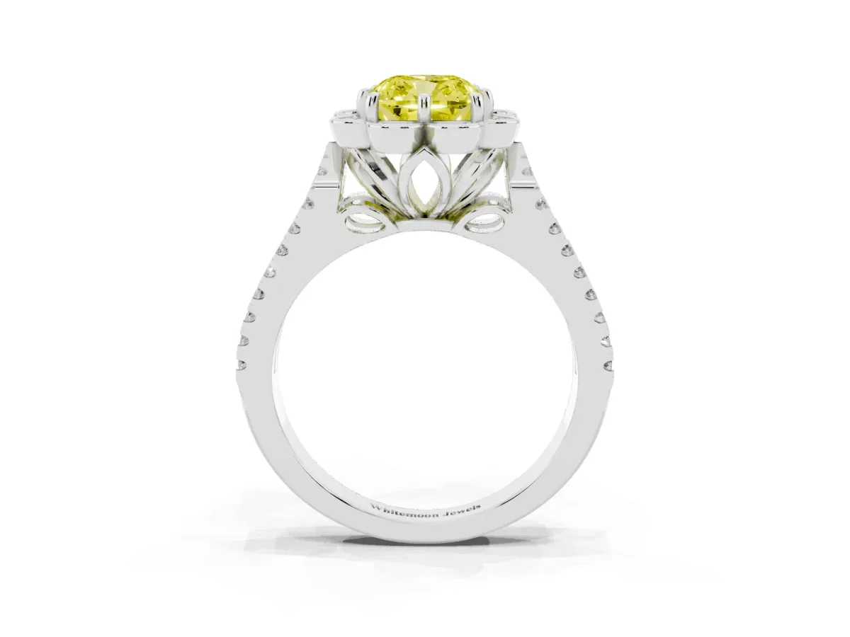 Fancy Yellow Cushion Cut Halo Diamond Floral Split Shank Engagement Ring Silver