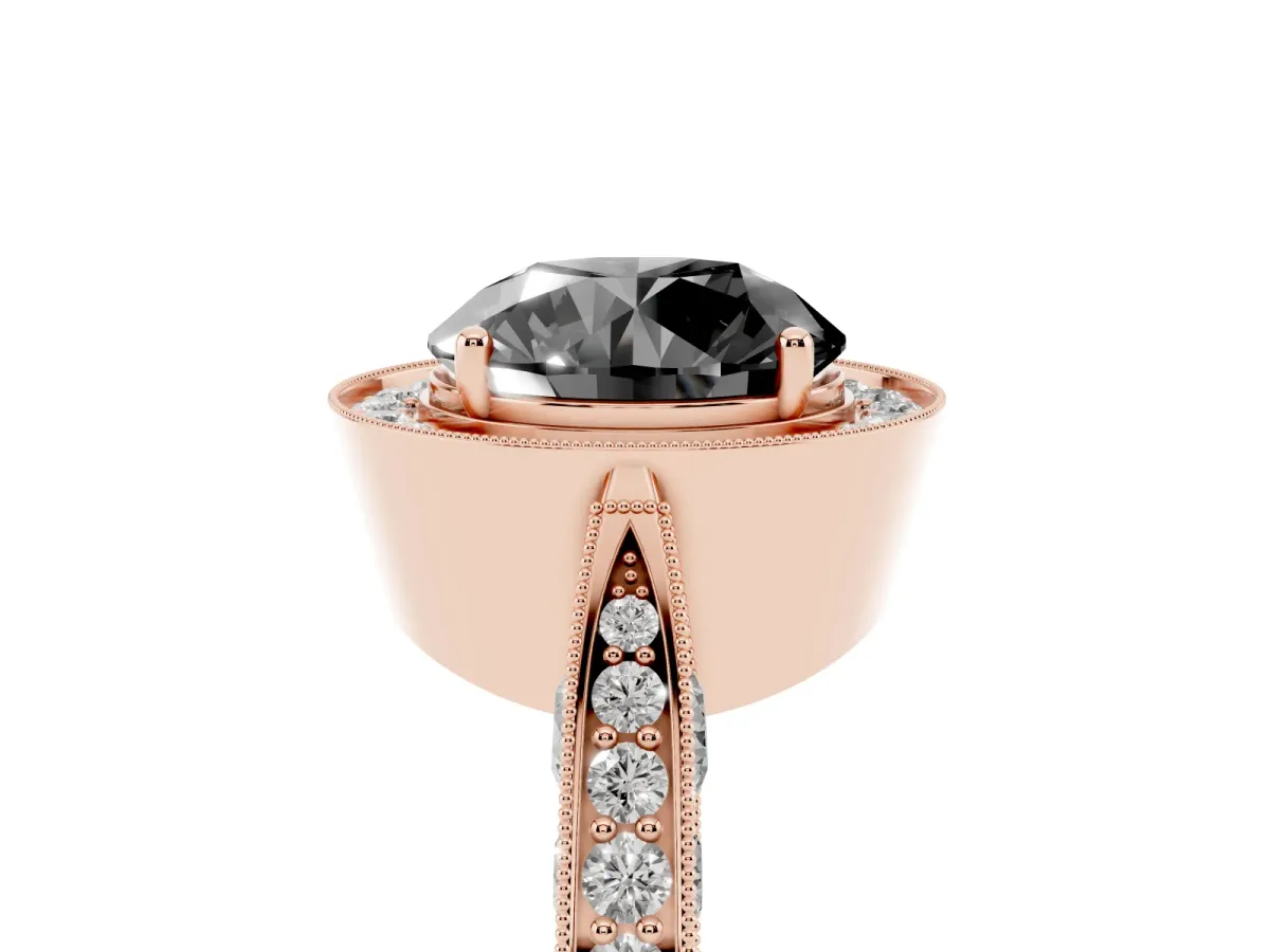 Fancy Black Round Cut Halo Diamond Engagement Ring with Split Shank Band and Four-Prong Setting Rose gold