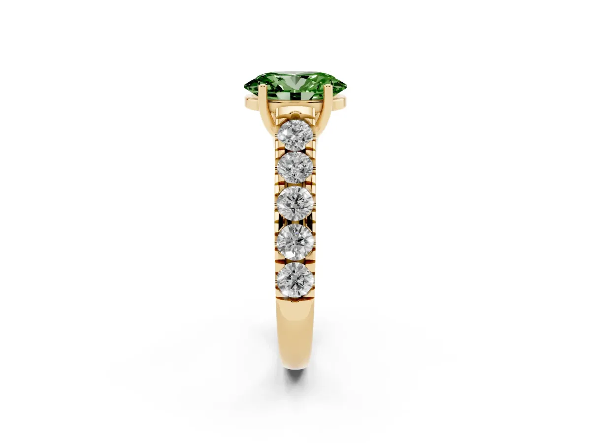 Fancy Green Oval Cut Cut Diamond Solitaire Ring with Micro Pave Band and Prong Setting Yellow gold