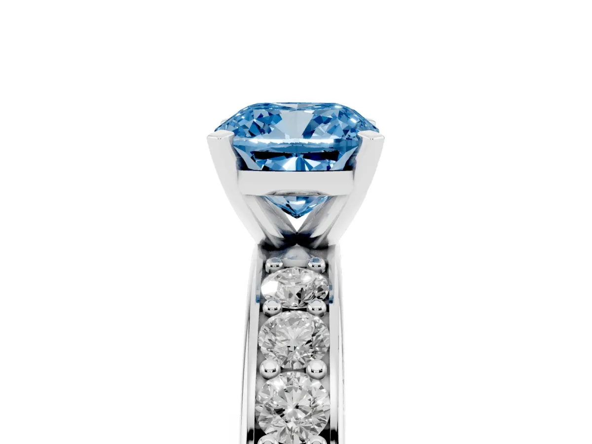Fancy Blue Cushion Cut Diamond Engagement Ring with Channel Set Round Band and Prong Setting Silver