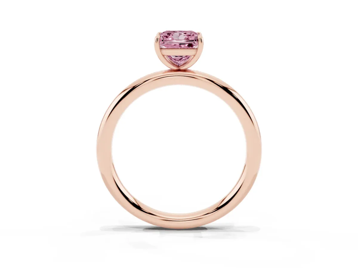 Fancy Pink Princess Cut Solitaire Diamond Ring with Four-Prong Setting on a Plain Band Rose gold