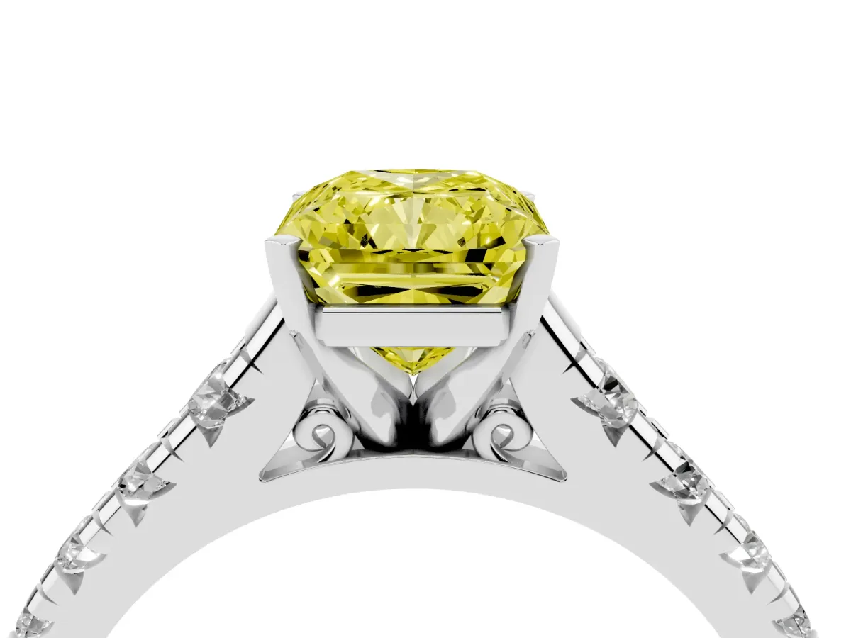Fancy Yellow Radiant Cut Diamond Cathedral Solitaire Ring with Round Pavé Band Silver