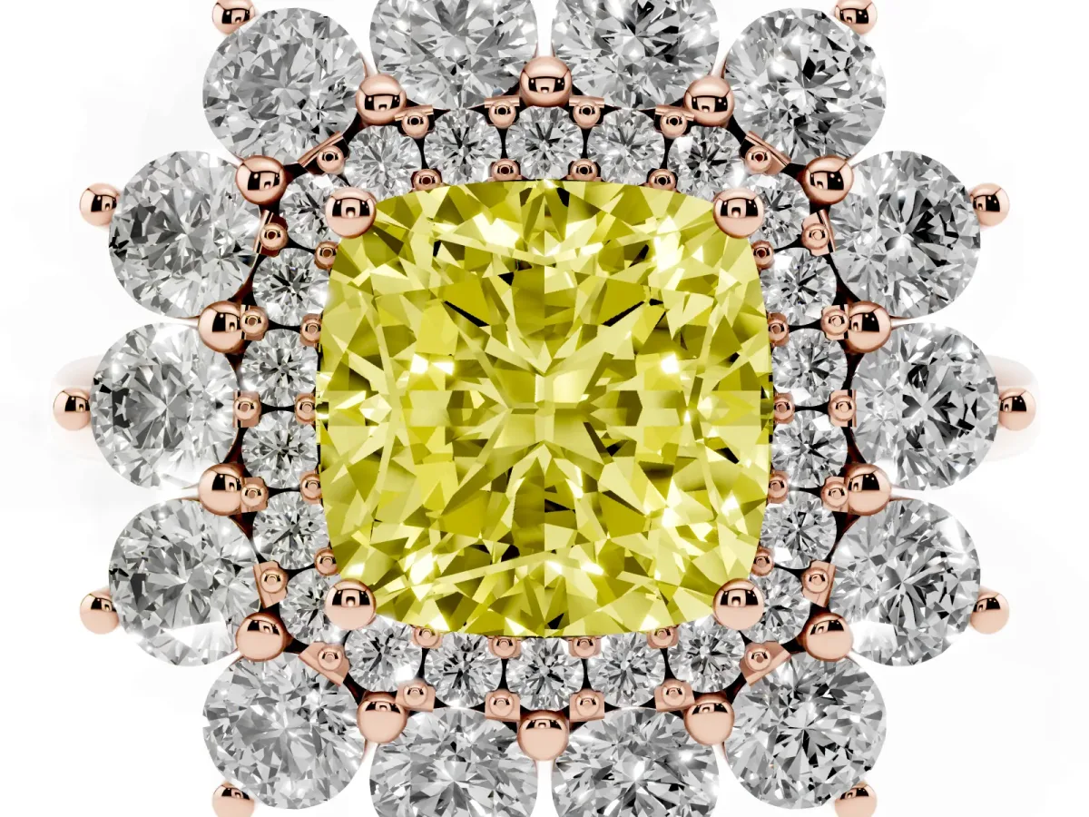 Fancy Yellow Cushion Cut Diamond Floral Double Halo Engagement Ring with Prong Setting Rose gold