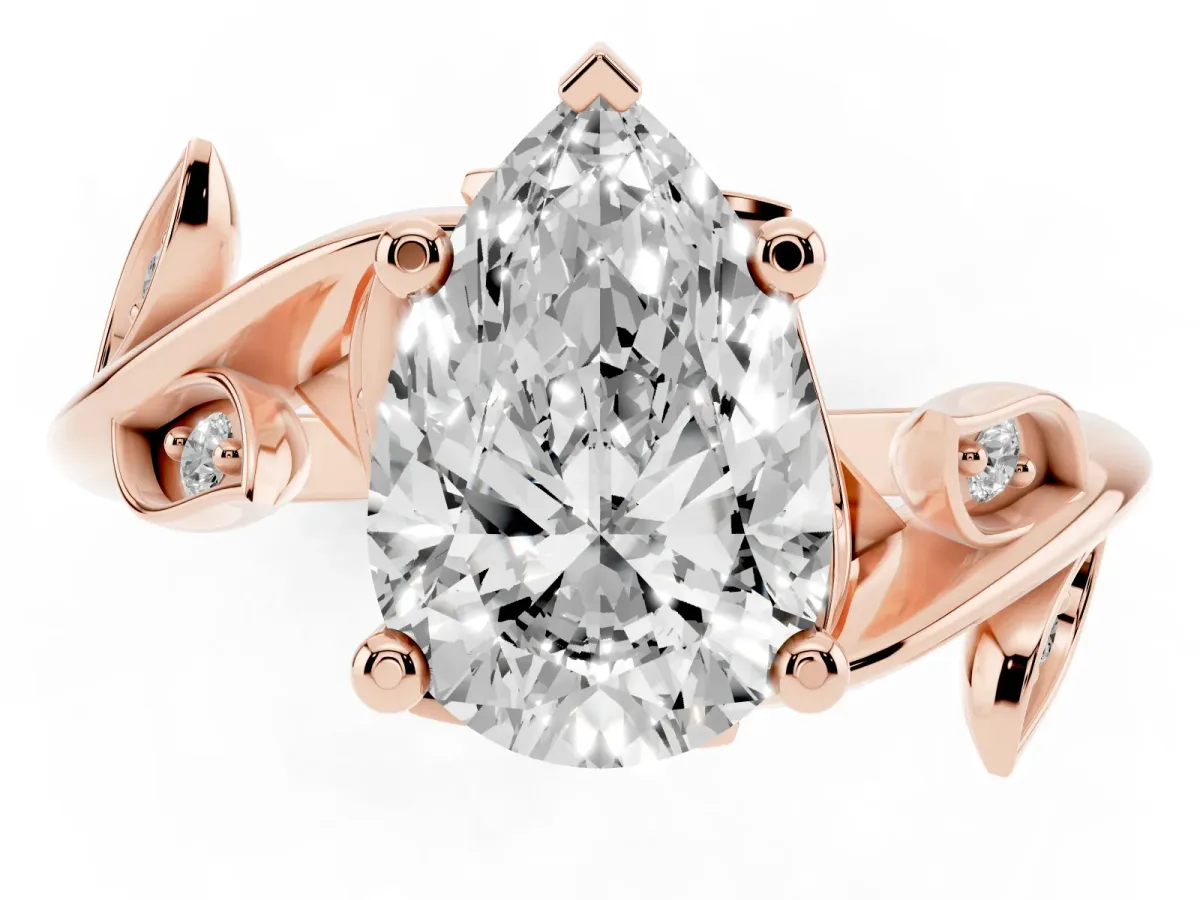 Pear Cut Solitaire Twist Engagement Ring with Leaf Accents and Prong Setting Rose gold