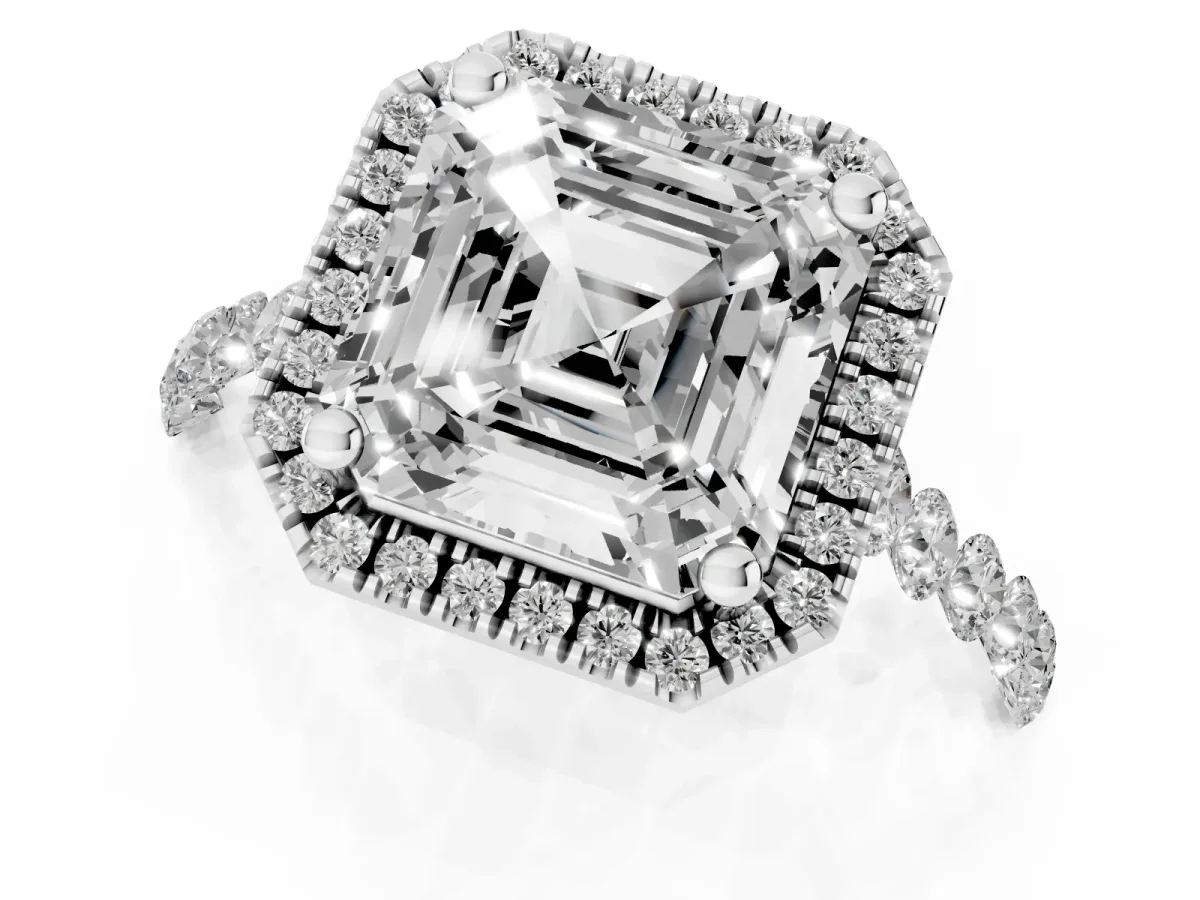 Asscher Cut Halo Pavé Diamond Engagement Ring with Four-Prong Setting Silver