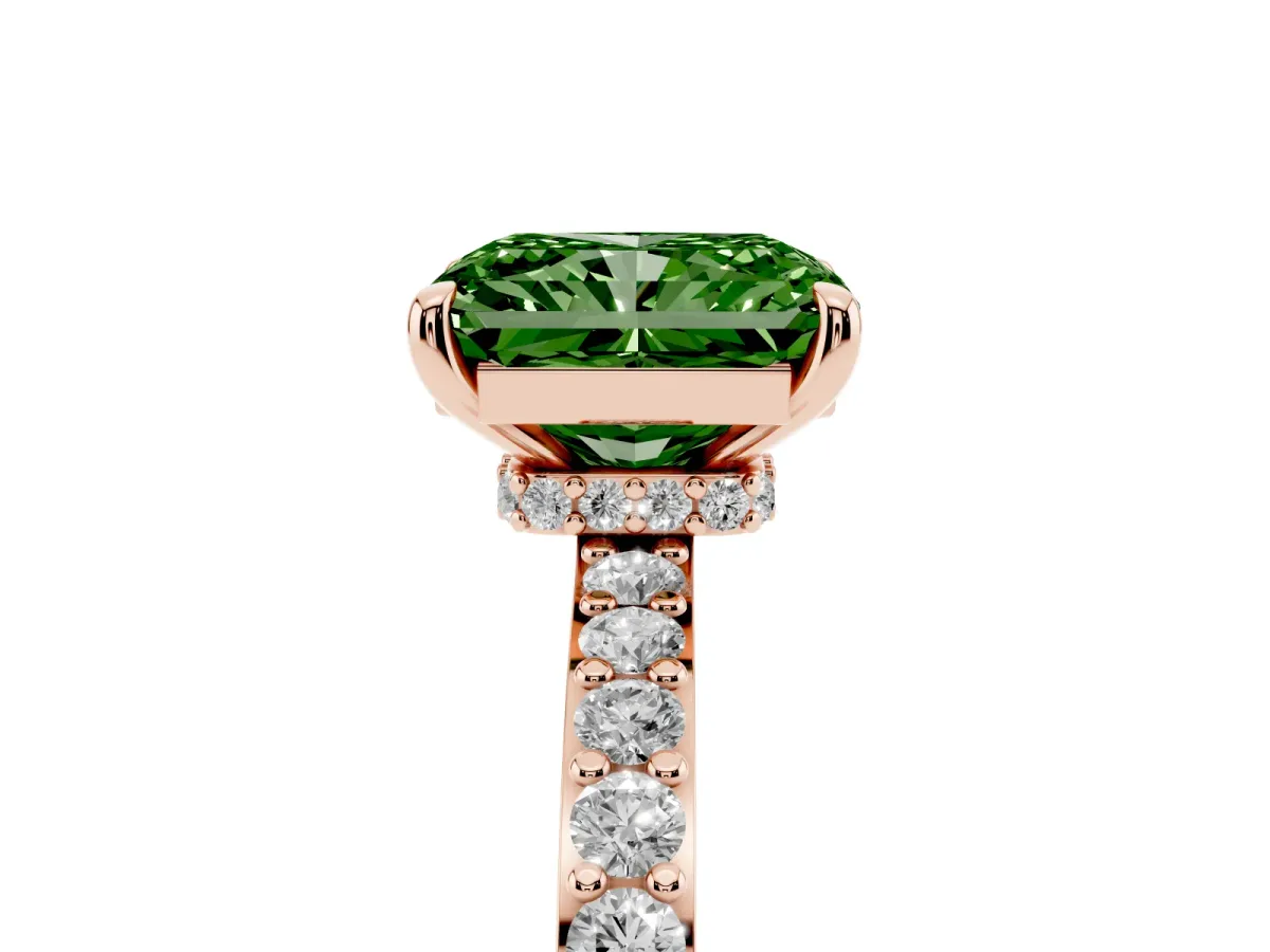 Fancy Green Radiant Cut Diamond Pavé Engagement Ring with Round Accents and Prong Setting Rose gold