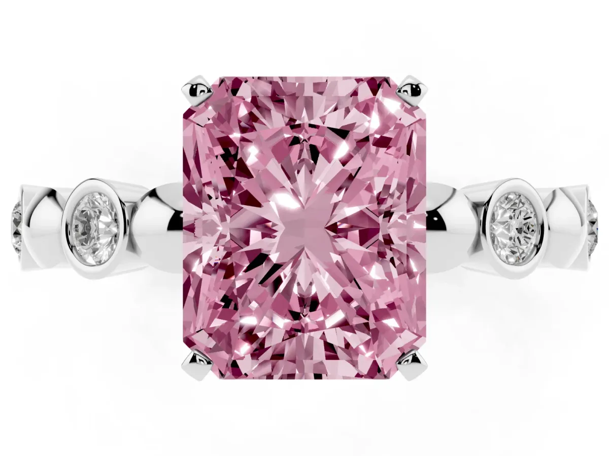Fancy Pink Radiant Cut Solitaire Bezel-Set Diamond Ring with Beaded Band and Four-Prong Setting Silver