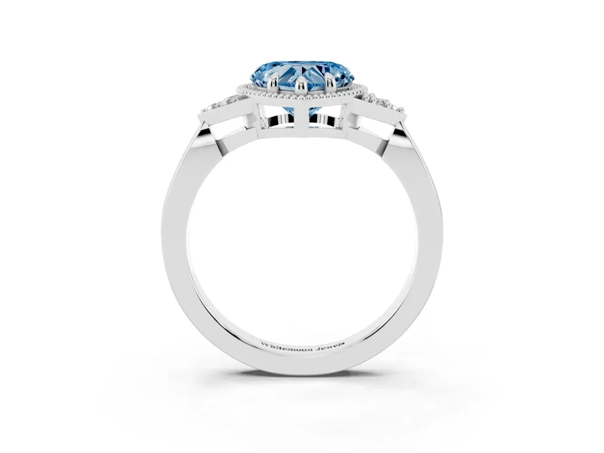 Fancy Blue Heart Cut Diamond Halo Ring with Tapered Band and Four-Prong Setting Platinum