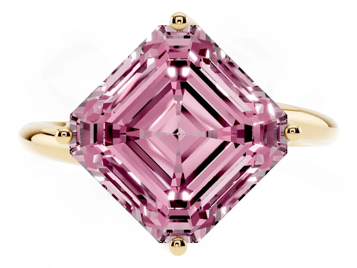 Fancy Pink Asscher Cut Diamond Solitaire Engagement Ring with Four-Prong Setting and Classic Band Yellow gold