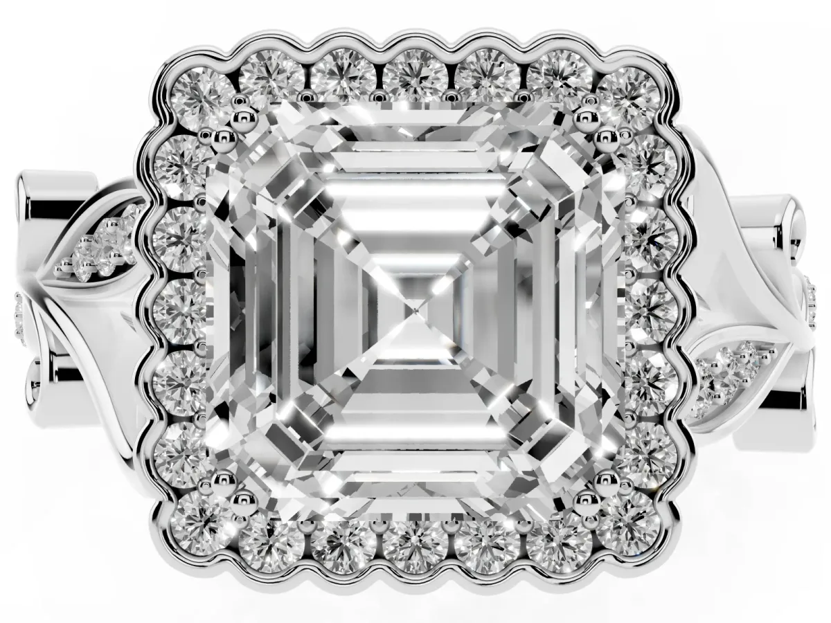 Asscher Cut Diamond Halo Ring with Vintage Split Shank and Four-Prong Setting Silver