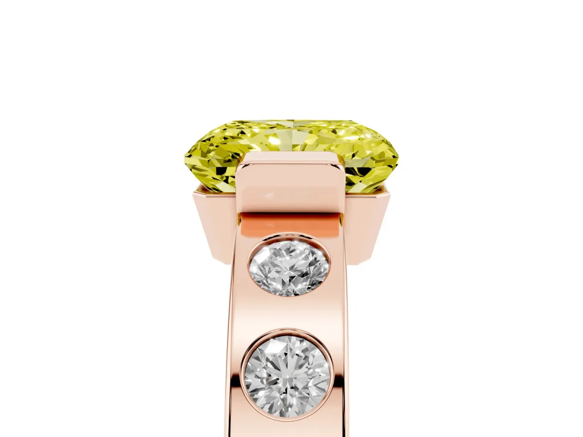 Fancy Yellow Radiant Cut Brilliant Channel-Set Diamond Ring with Bezel Prong Setting Rose gold