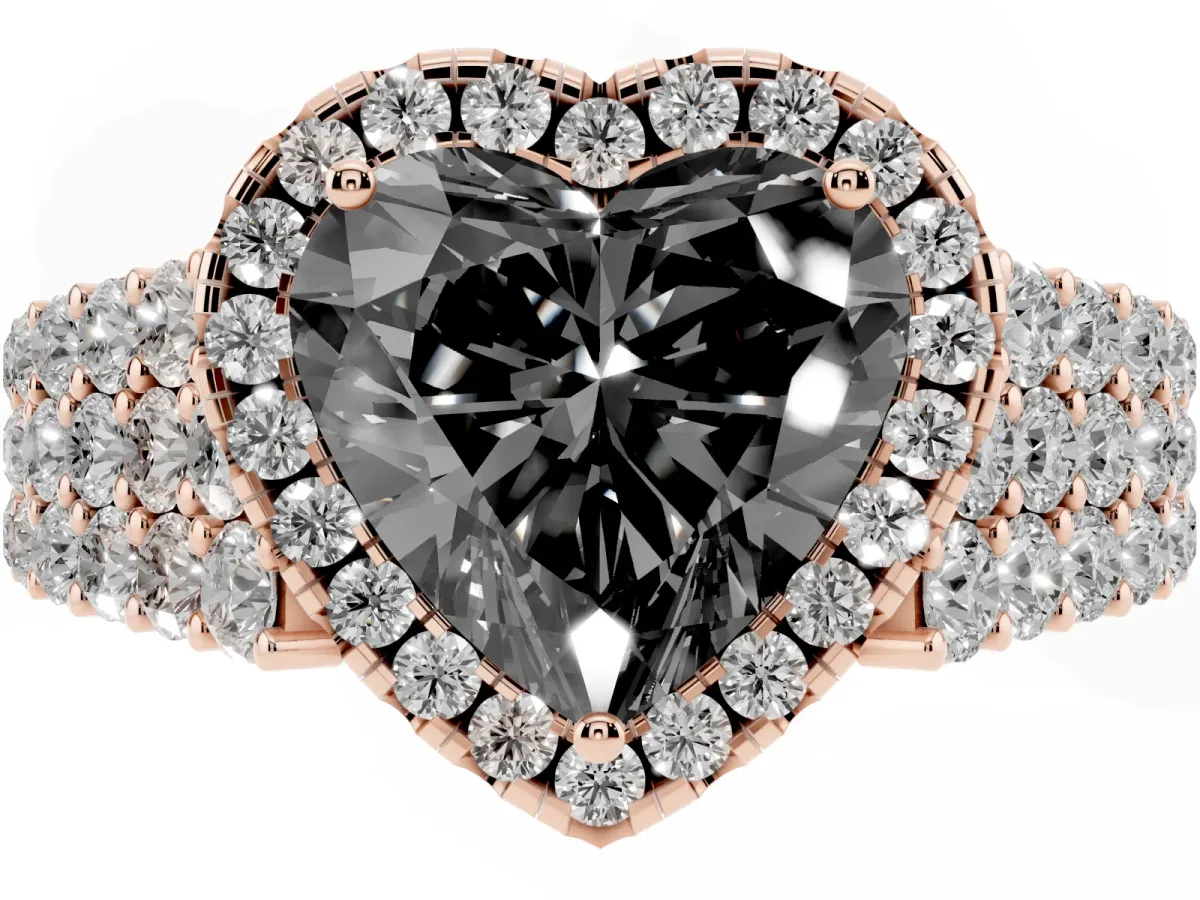 Fancy Black Heart Cut Diamond Halo Engagement Ring with Triple Row Round Pavé Band and Prong Setting Rose gold