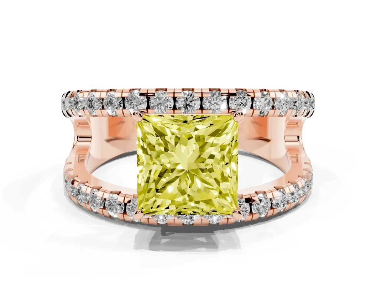 Fancy Yellow Princess Cut Solitaire Split Shank Pave Diamond Ring Rose gold