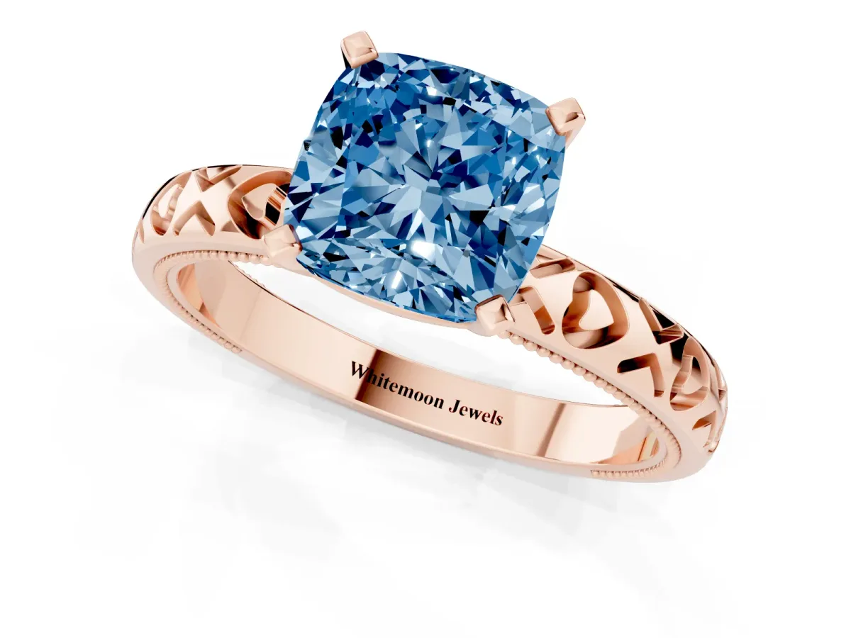 Fancy Blue Cushion Cut Solitaire Diamond Engagement Ring with XO Engraved Band and Four-Prong Setting Rose gold