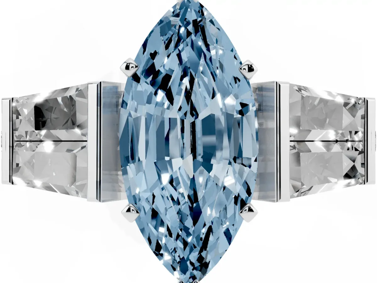 Fancy Blue Marquise Cut Diamond Engagement Ring with Baguette Side Stones and Channel Set Band Platinum