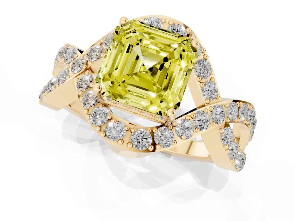 Fancy Yellow Asscher Cut Solitaire Twist Band Pavé Diamond Engagement Ring Yellow gold