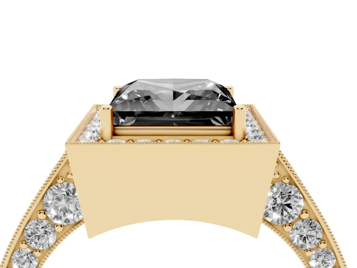 Fancy Black Princess Cut Halo Diamond Engagement Ring with Split Shank Band and Four-Prong Setting Yellow gold