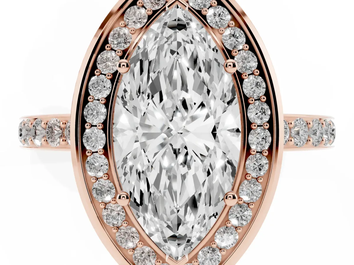 Marquise Cut Diamond Halo Ring with Bezel Frame and Pavé Band Rose gold