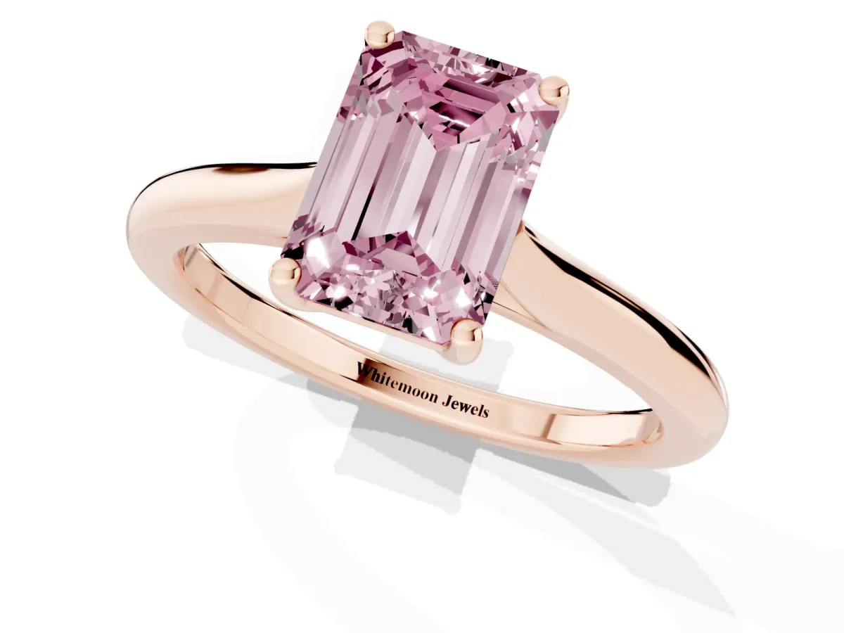 Fancy Pink Emerald Cut Cut Solitaire Ring with Cathedral Band and Four-Prong Setting Rose gold
