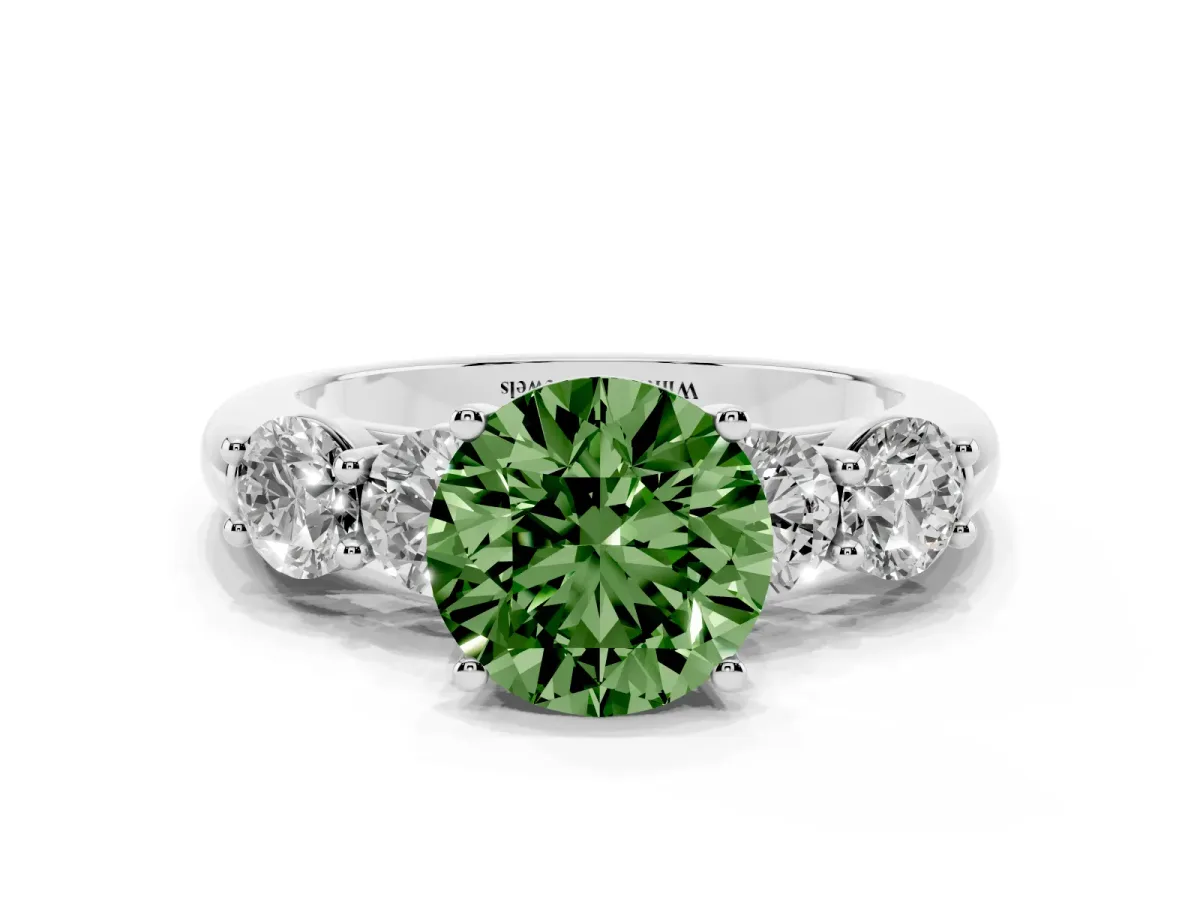 Fancy Green Round Cut Cut Five-Stone Prong Set Diamond Ring with Classic Band Platinum