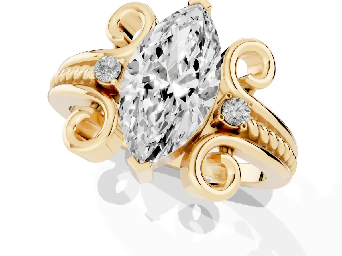 Marquise Cut Solitaire Twisted Band Scroll Prong Ring Yellow gold