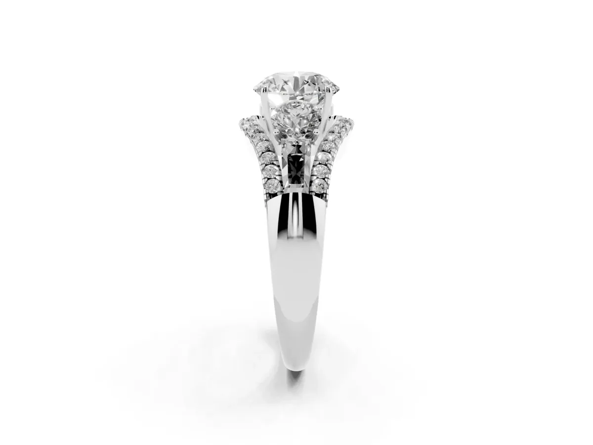 Three-Stone Round Cut Diamond Engagement Ring with Pave Band and Prong Setting Platinum
