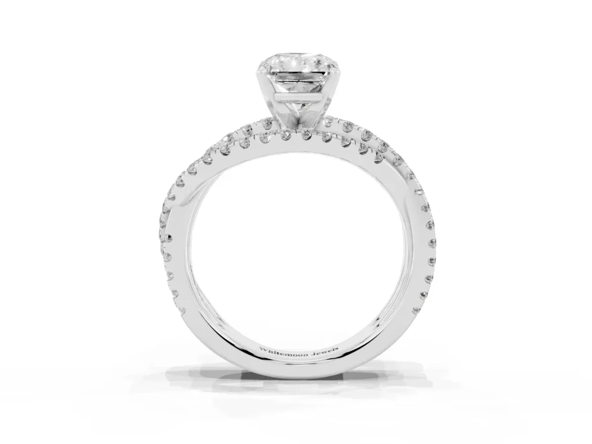 Radiant Cut Solitaire Twist Band with Pavé Setting and Four-Prong Setting Silver