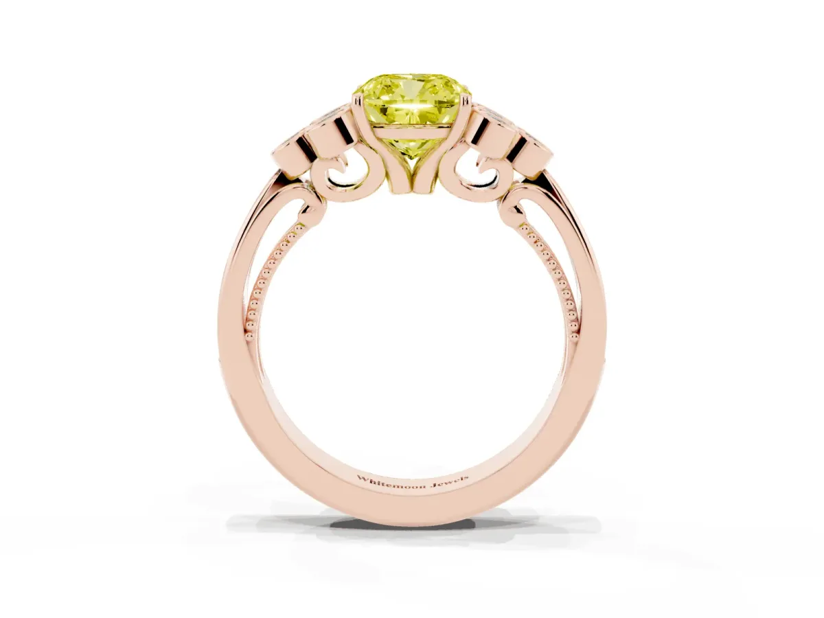 Fancy Yellow Cushion Cut Cut Diamond Engagement Ring with Bezel Set Round Side Stones and Prong Setting Rose gold