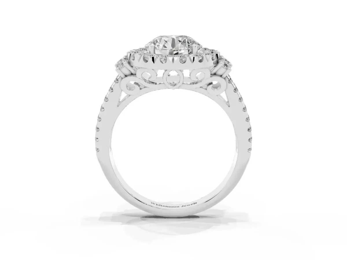 Round Cut Cut Double Halo Diamond Engagement Ring with Pave Band and Four-Prong Setting Platinum