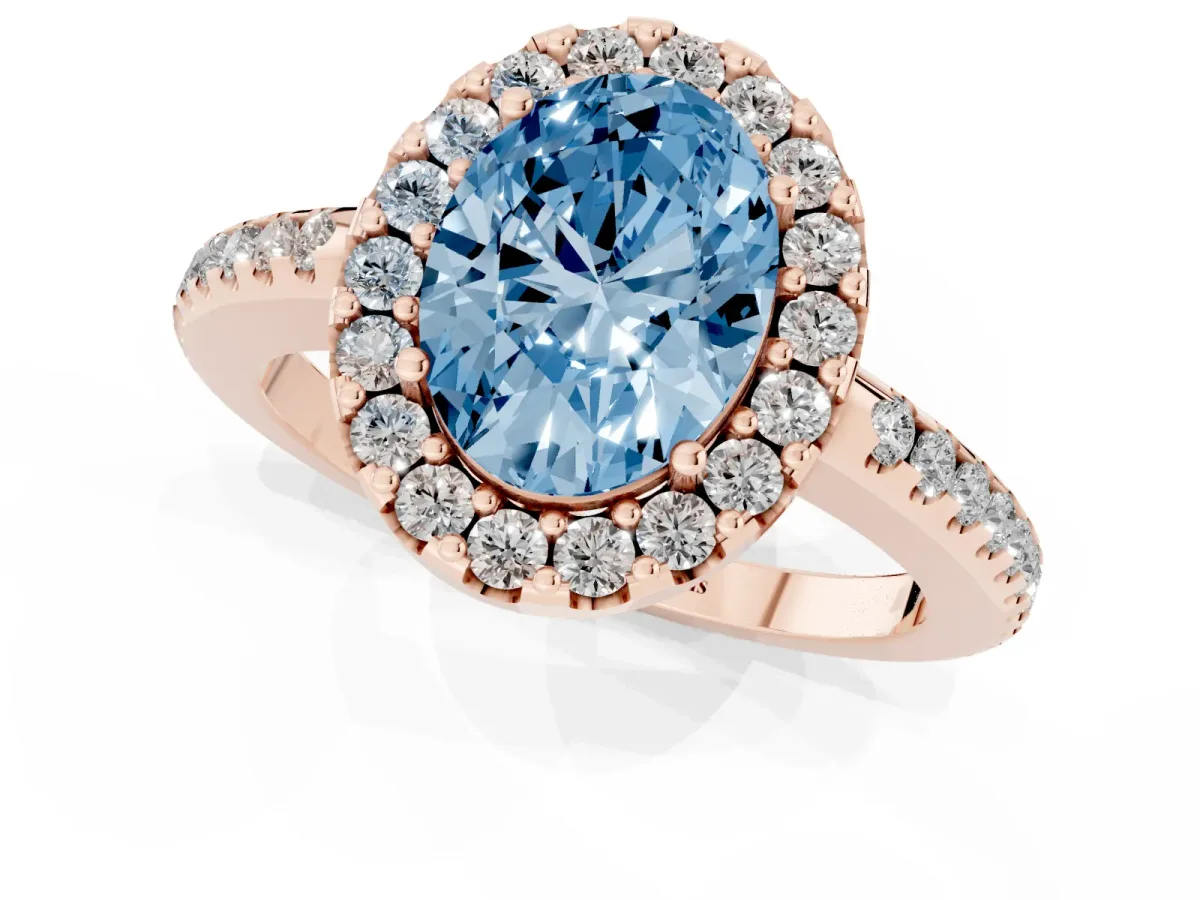 Fancy Blue Oval Cut Diamond Pavé Halo Ring with Four-Prong Setting Rose gold